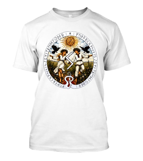 Seidr Sun Wheel Futhark Runes Pagan Folk Norse Mythology Ravens And Dancing Figures T-Shirt