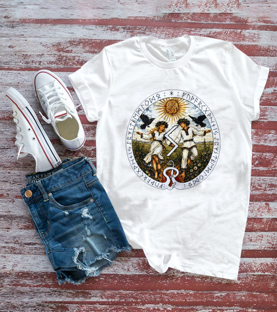 Seidr Sun Wheel Futhark Runes Pagan Folk Norse Mythology Ravens And Dancing Figures T-Shirt