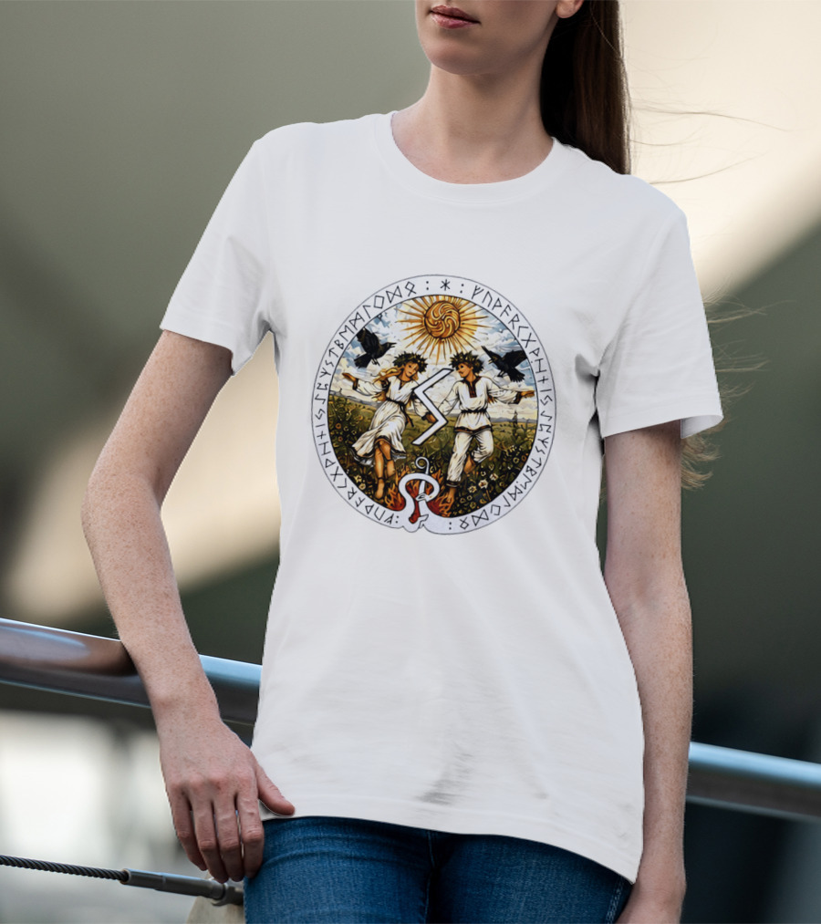 Seidr Sun Wheel Futhark Runes Pagan Folk Norse Mythology Ravens And Dancing Figures T-Shirt