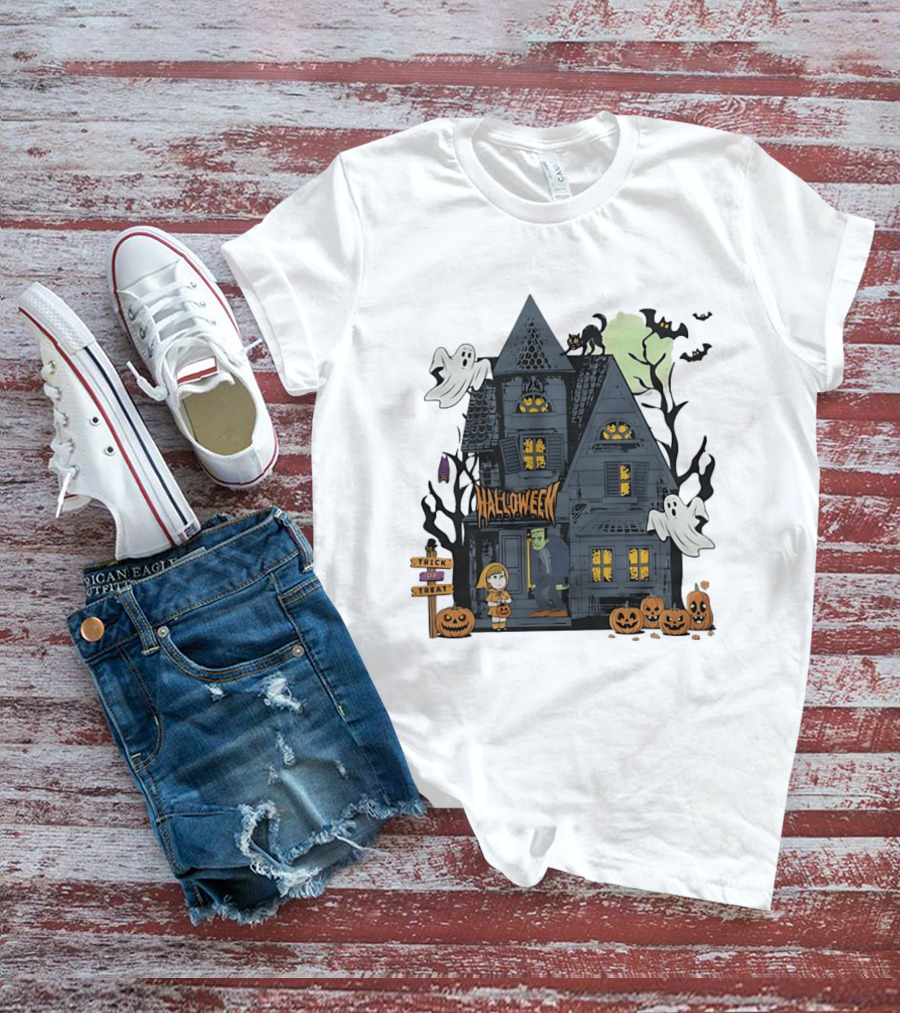 Halloween Haunted House With Frankenstein Trick Or Treat Ghosts And Pumpkins T-Shirt