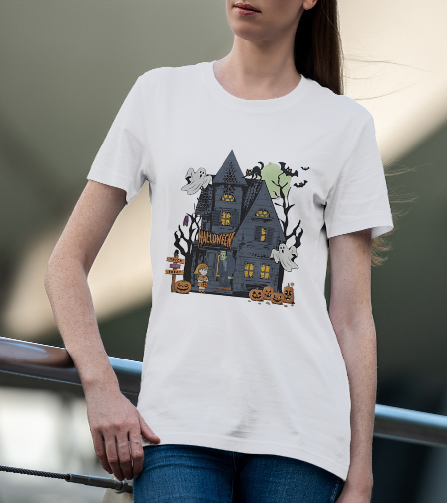 Halloween Haunted House With Frankenstein Trick Or Treat Ghosts And Pumpkins T-Shirt