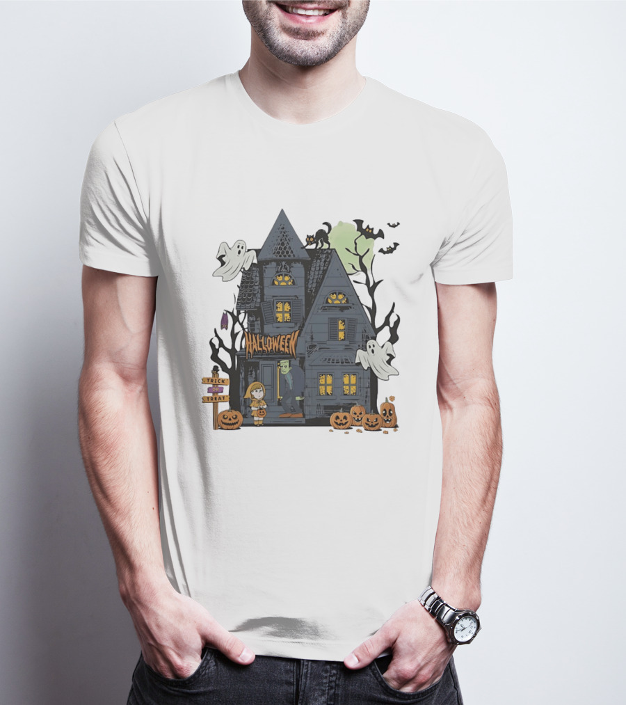 Halloween Haunted House With Frankenstein Trick Or Treat Ghosts And Pumpkins T-Shirt