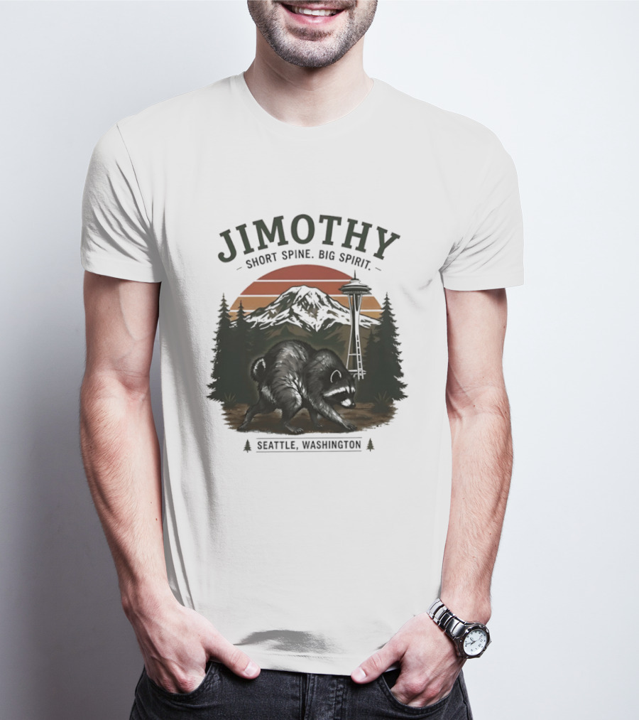 Jimothy Short Spine Big Spirit Bear Seattle Washington Skyline Sunset T-Shirt