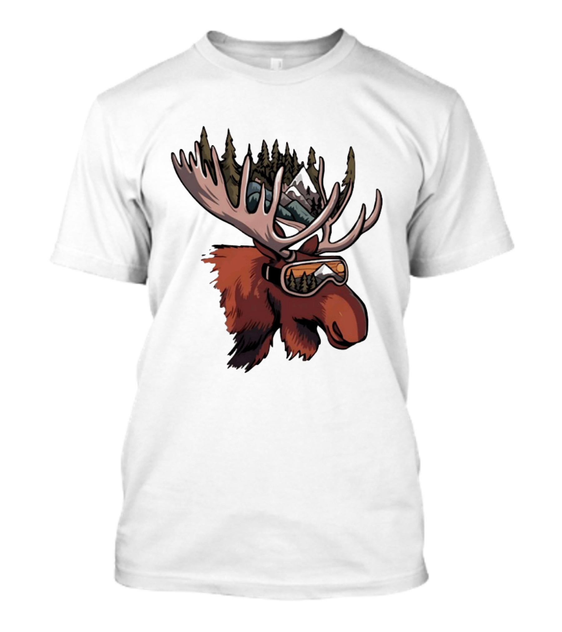 Moose With Ski Goggles And Mountain Forest Antlers Adventure Scene T-Shirt
