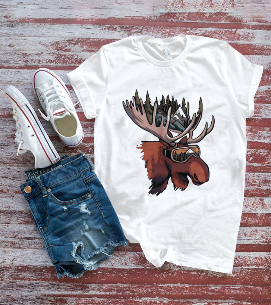 Moose With Ski Goggles And Mountain Forest Antlers Adventure Scene T-Shirt