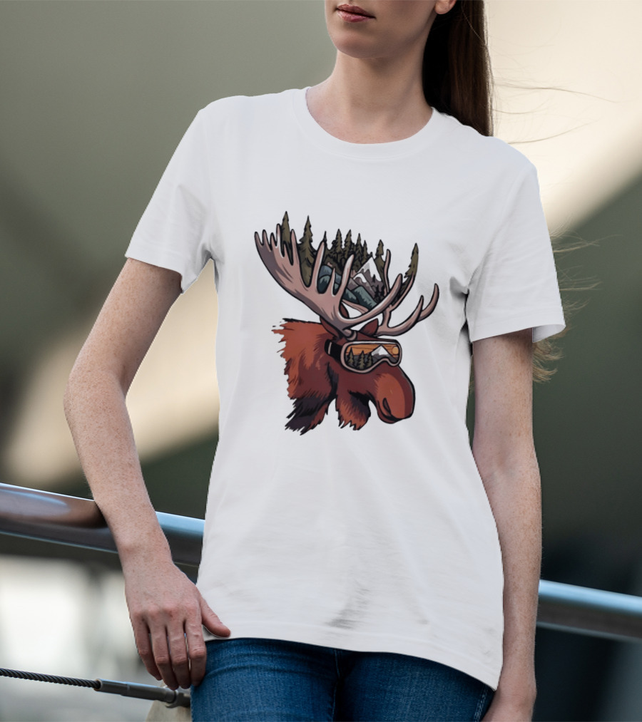 Moose With Ski Goggles And Mountain Forest Antlers Adventure Scene T-Shirt