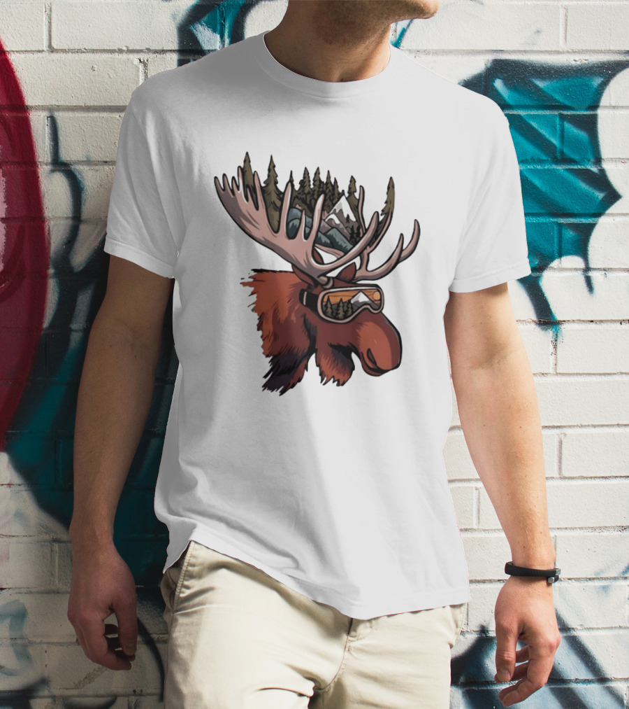 Moose With Ski Goggles And Mountain Forest Antlers Adventure Scene T-Shirt