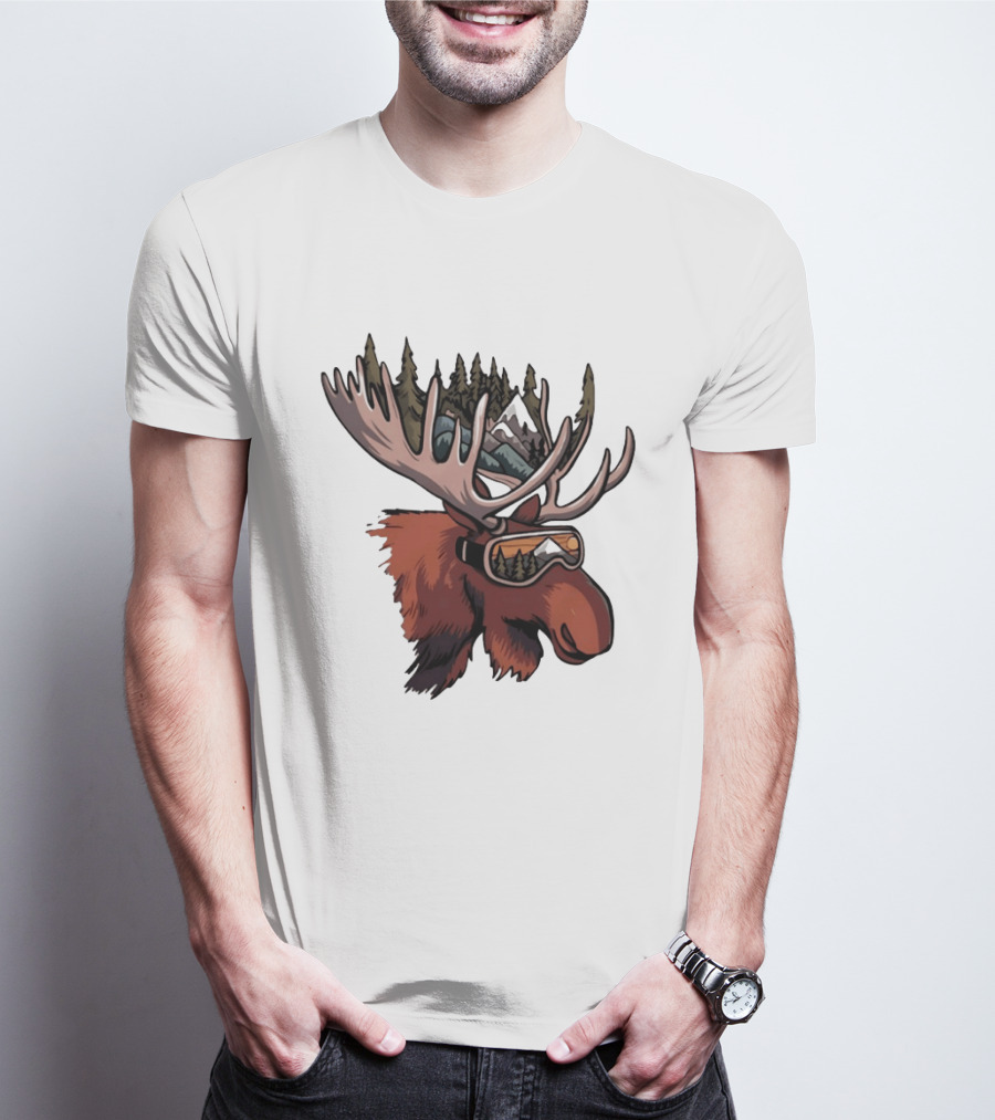 Moose With Ski Goggles And Mountain Forest Antlers Adventure Scene T-Shirt