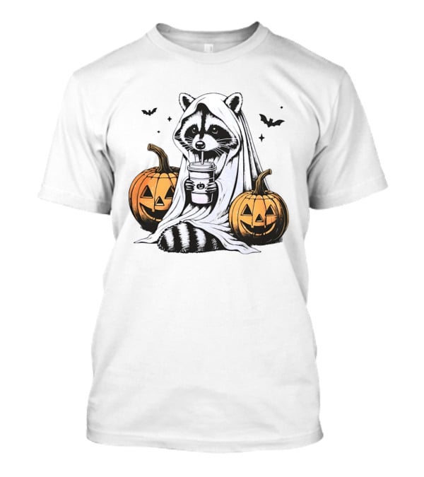 Raccoon Ghost With Iced Coffee And Jack O' Lanterns Halloween T-Shirt