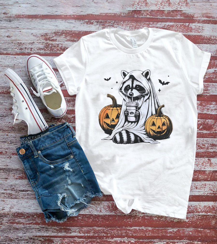 Raccoon Ghost With Iced Coffee And Jack O' Lanterns Halloween T-Shirt
