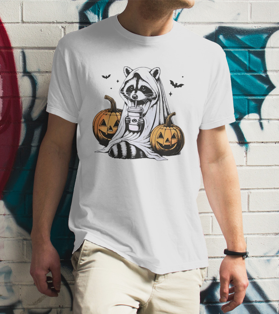Raccoon Ghost With Iced Coffee And Jack O' Lanterns Halloween T-Shirt