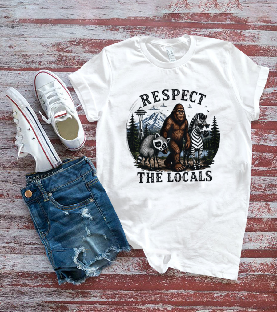 Respect The Locals Bigfoot Raccoon Zebra Seattle Space Needle Forest Scene T-Shirt