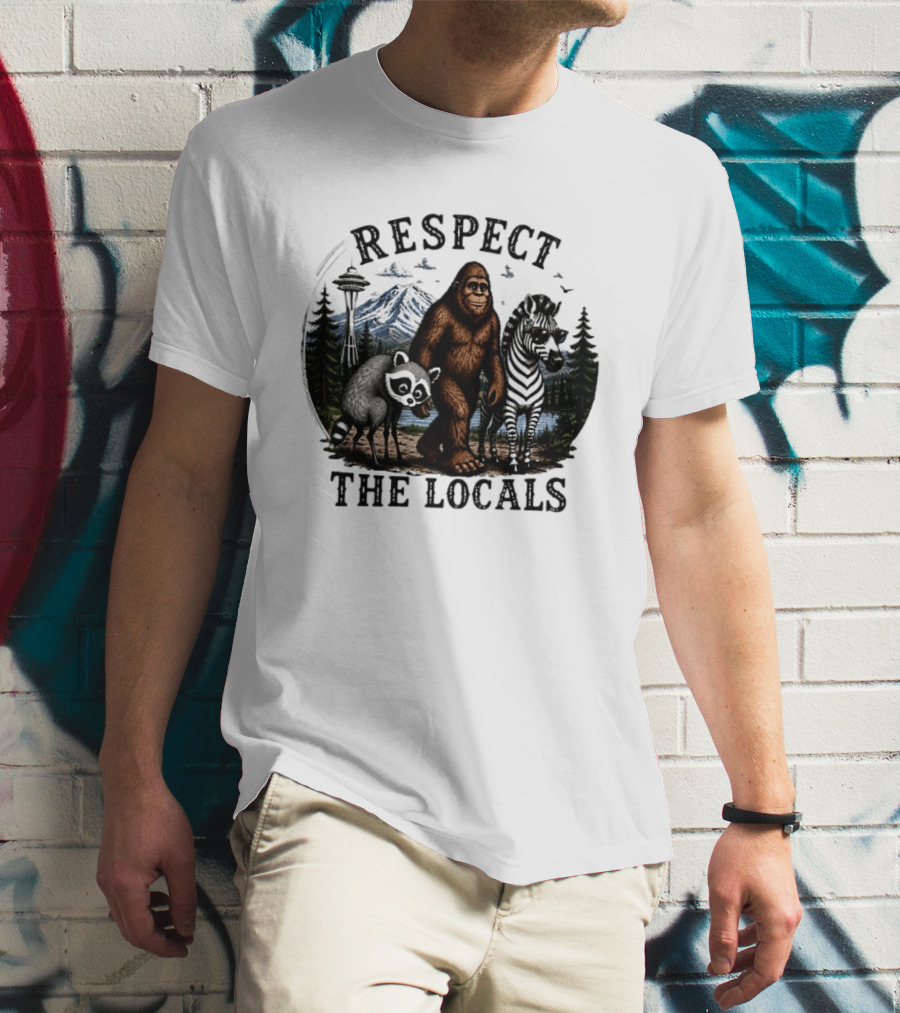 Respect The Locals Bigfoot Raccoon Zebra Seattle Space Needle Forest Scene T-Shirt