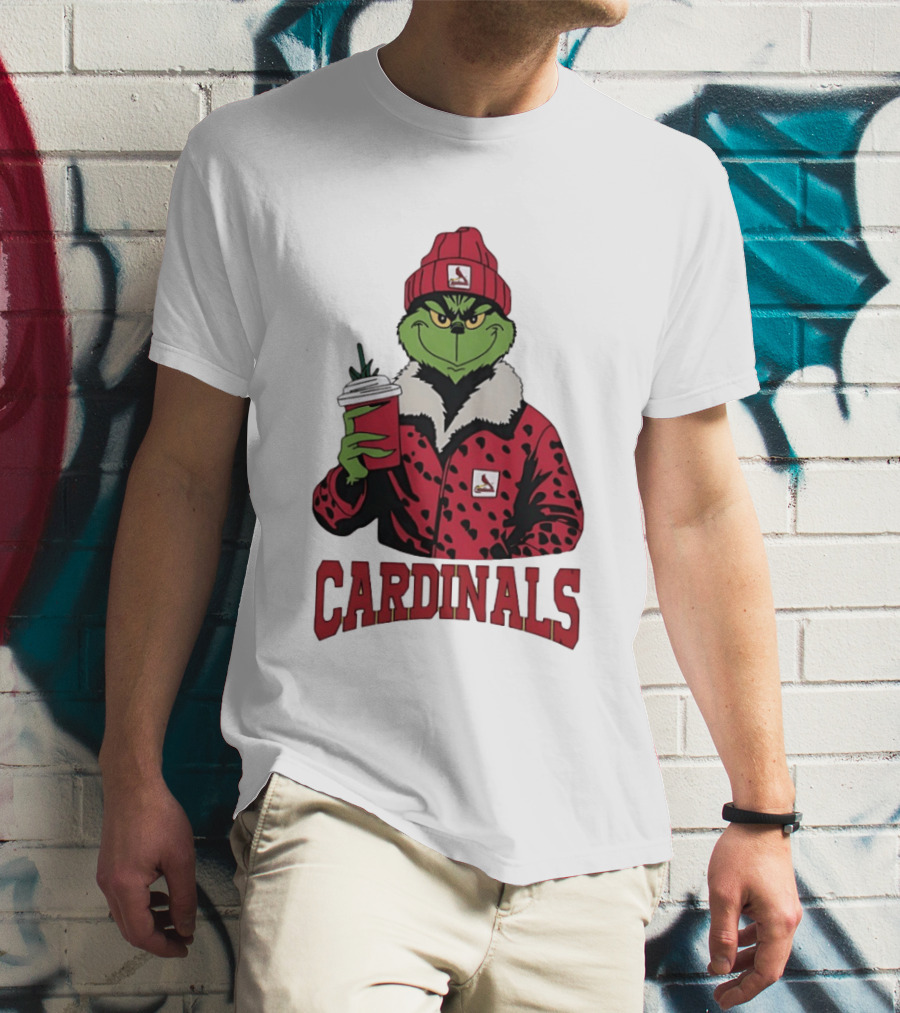 The Grinch In St Louis Cardinals Jacket With Coffee Christmas T-Shirt