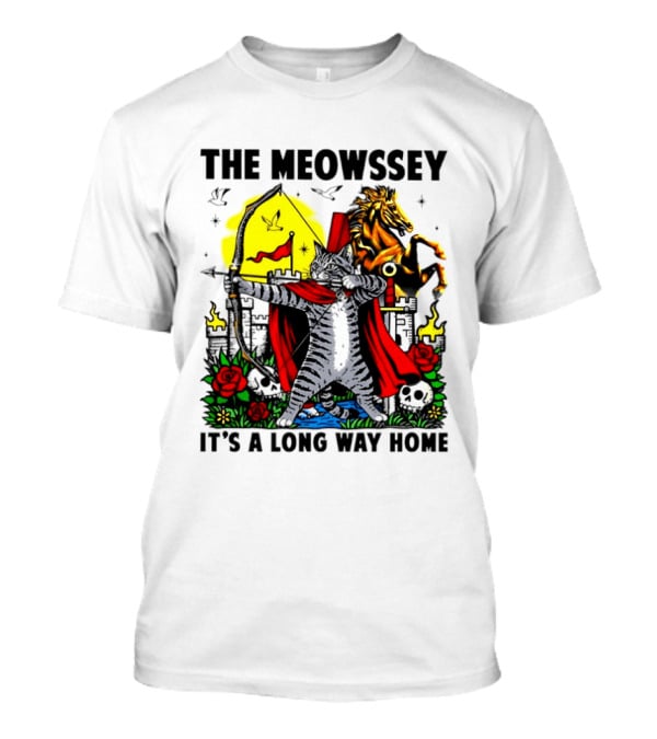 The Meowssey It's A Long Way Home Cat Archer With Red Cape And Horse T-Shirt