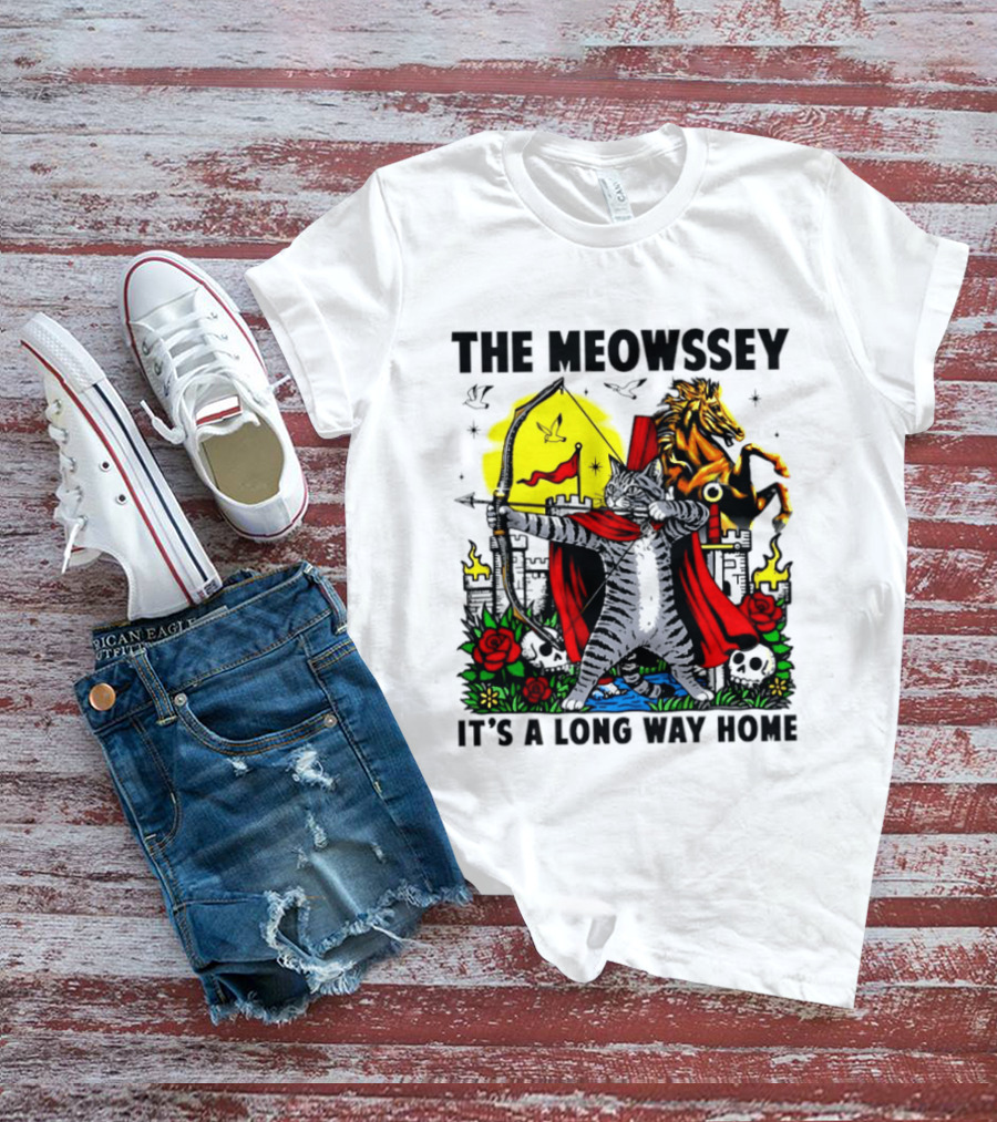 The Meowssey It's A Long Way Home Cat Archer With Red Cape And Horse T-Shirt