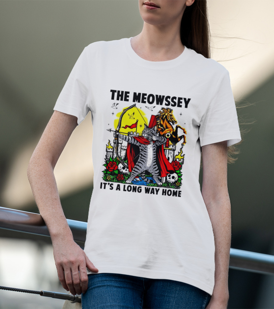 The Meowssey It's A Long Way Home Cat Archer With Red Cape And Horse T-Shirt