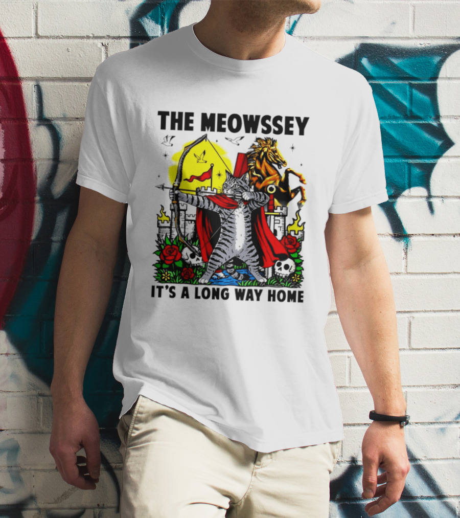 The Meowssey It's A Long Way Home Cat Archer With Red Cape And Horse T-Shirt