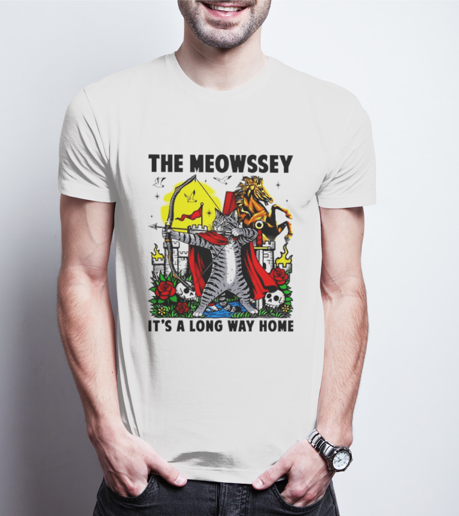 The Meowssey It's A Long Way Home Cat Archer With Red Cape And Horse T-Shirt
