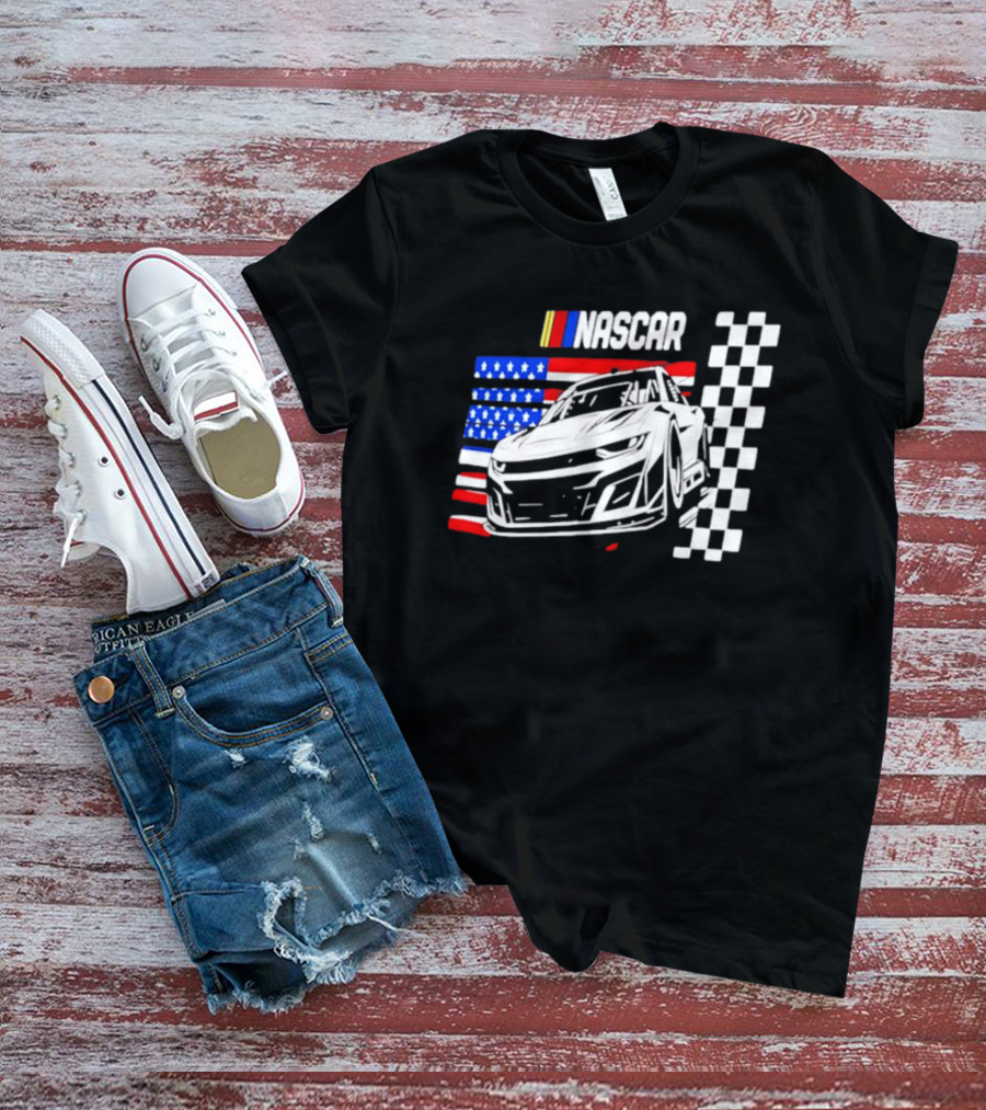 Nascar Race Car American Flag Checkered Flag T-Shirt