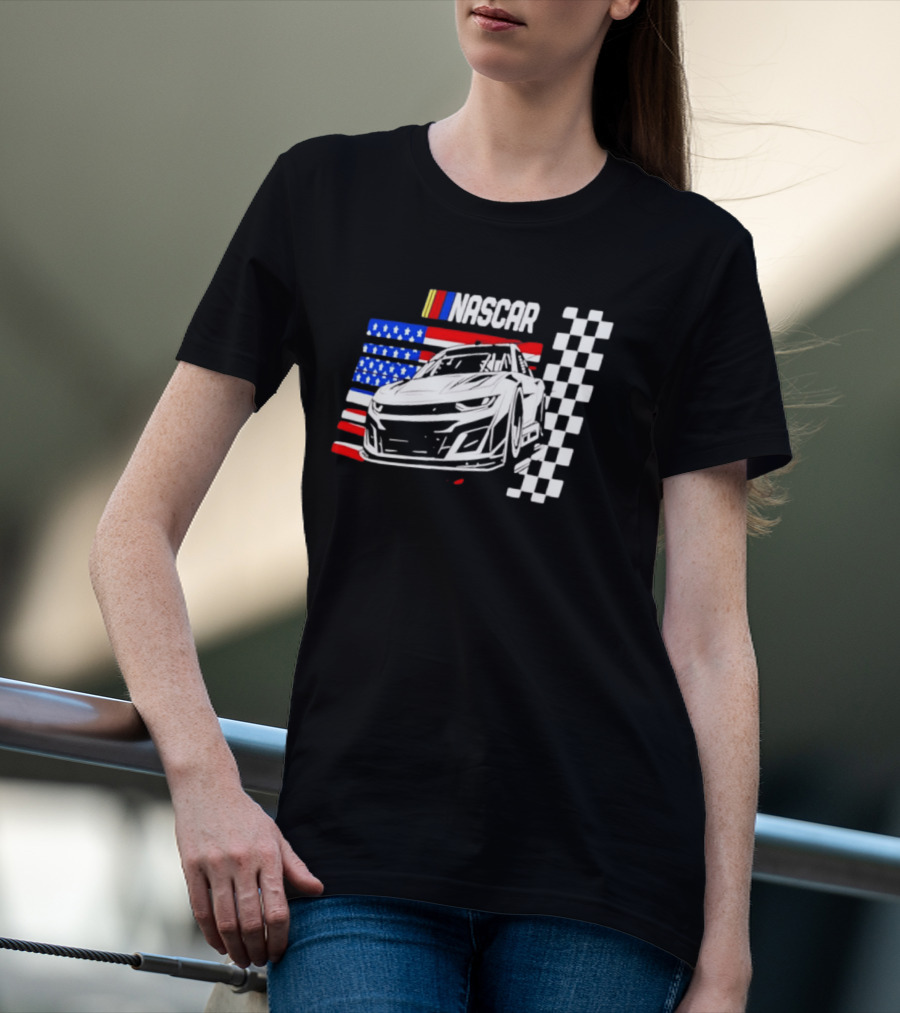 Nascar Race Car American Flag Checkered Flag T-Shirt