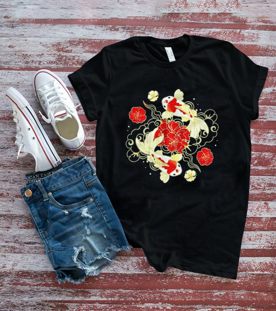 Koi Fish With Red And White Japanese Flowers T-Shirt