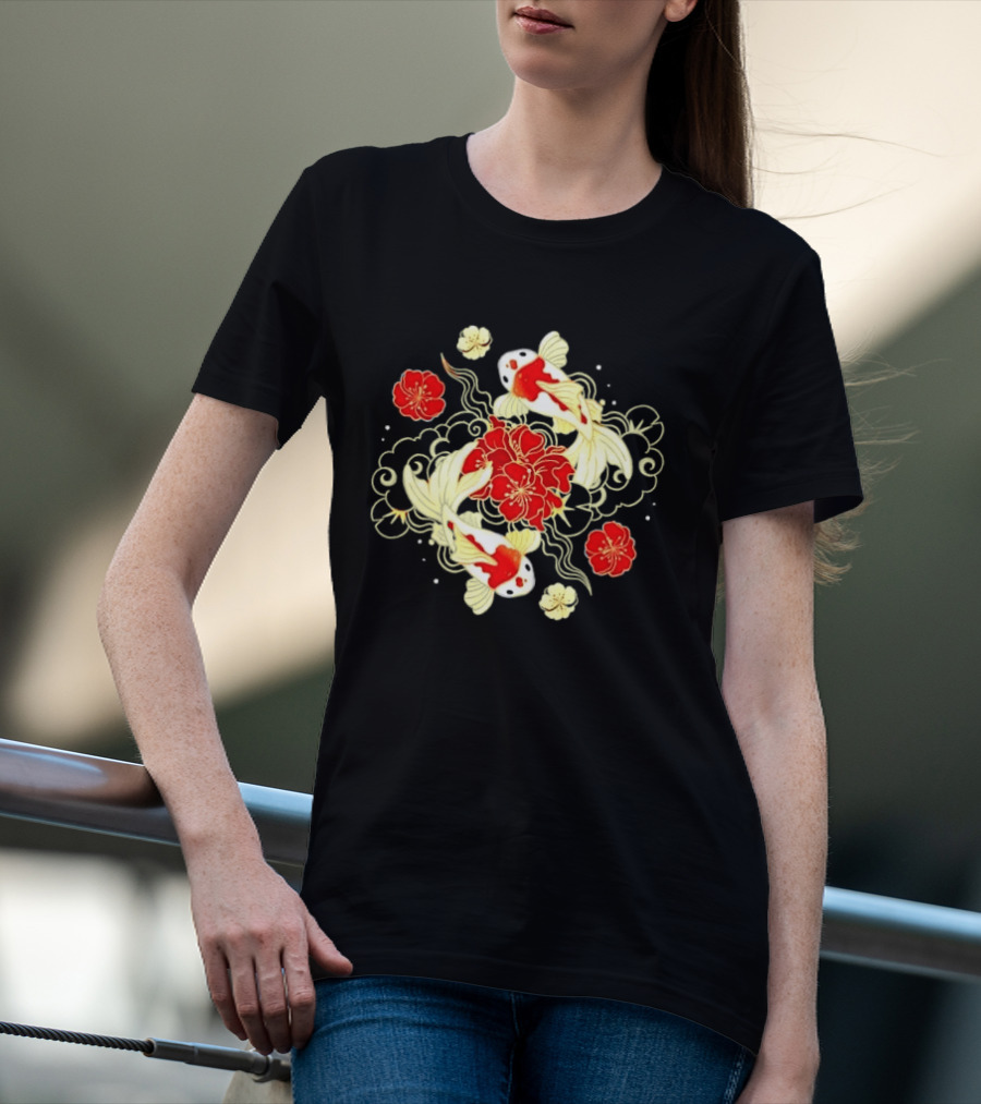 Koi Fish With Red And White Japanese Flowers T-Shirt