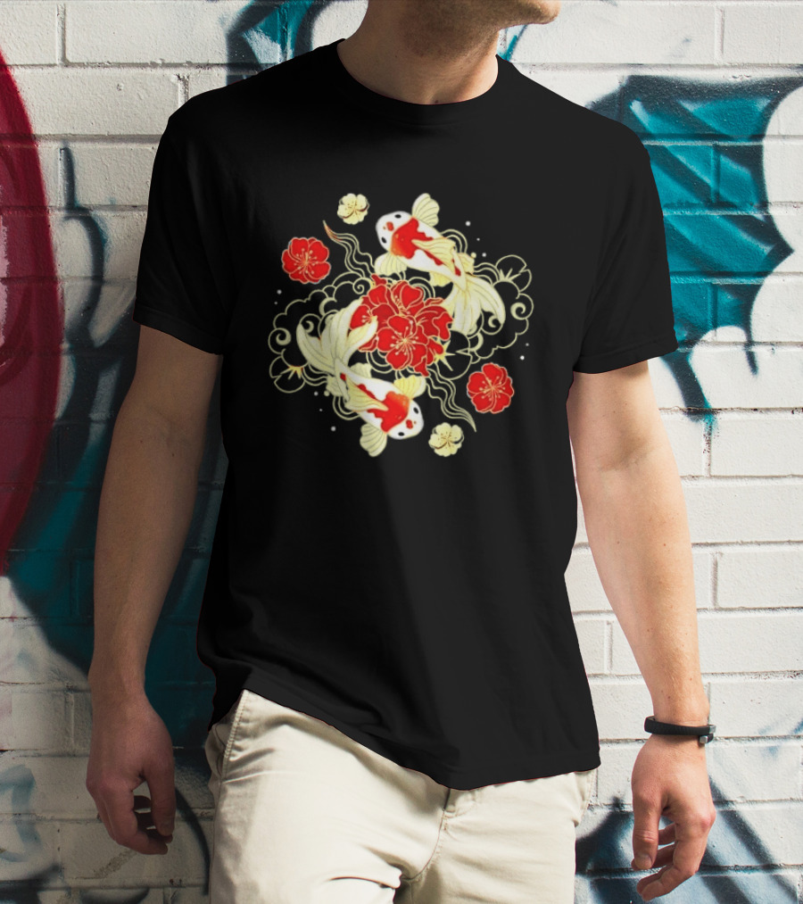 Koi Fish With Red And White Japanese Flowers T-Shirt