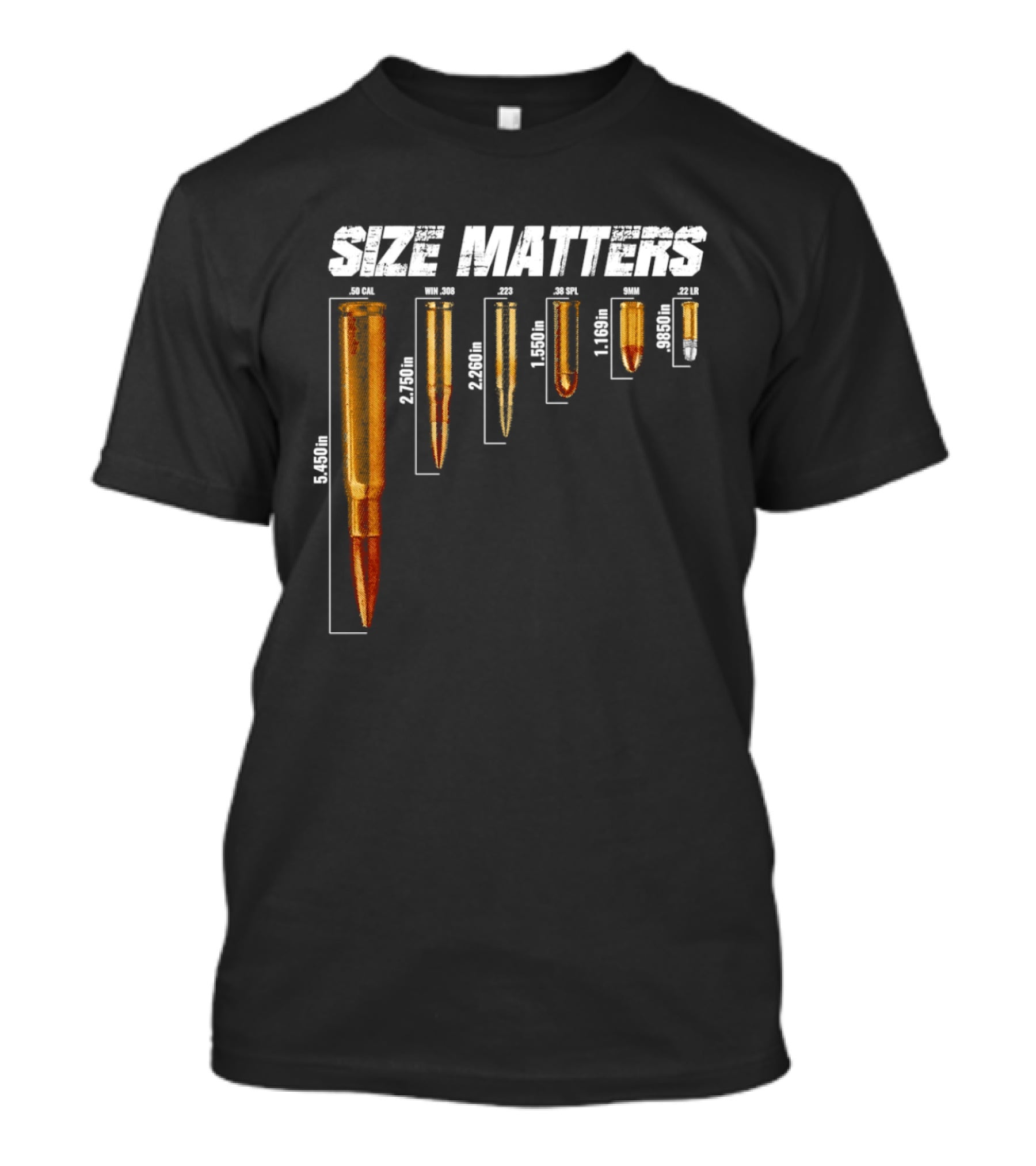 Size Matters 50 Caliber 7.62mm 5.56mm 0.40 0.22 Ammo Comparison Chart T-Shirt