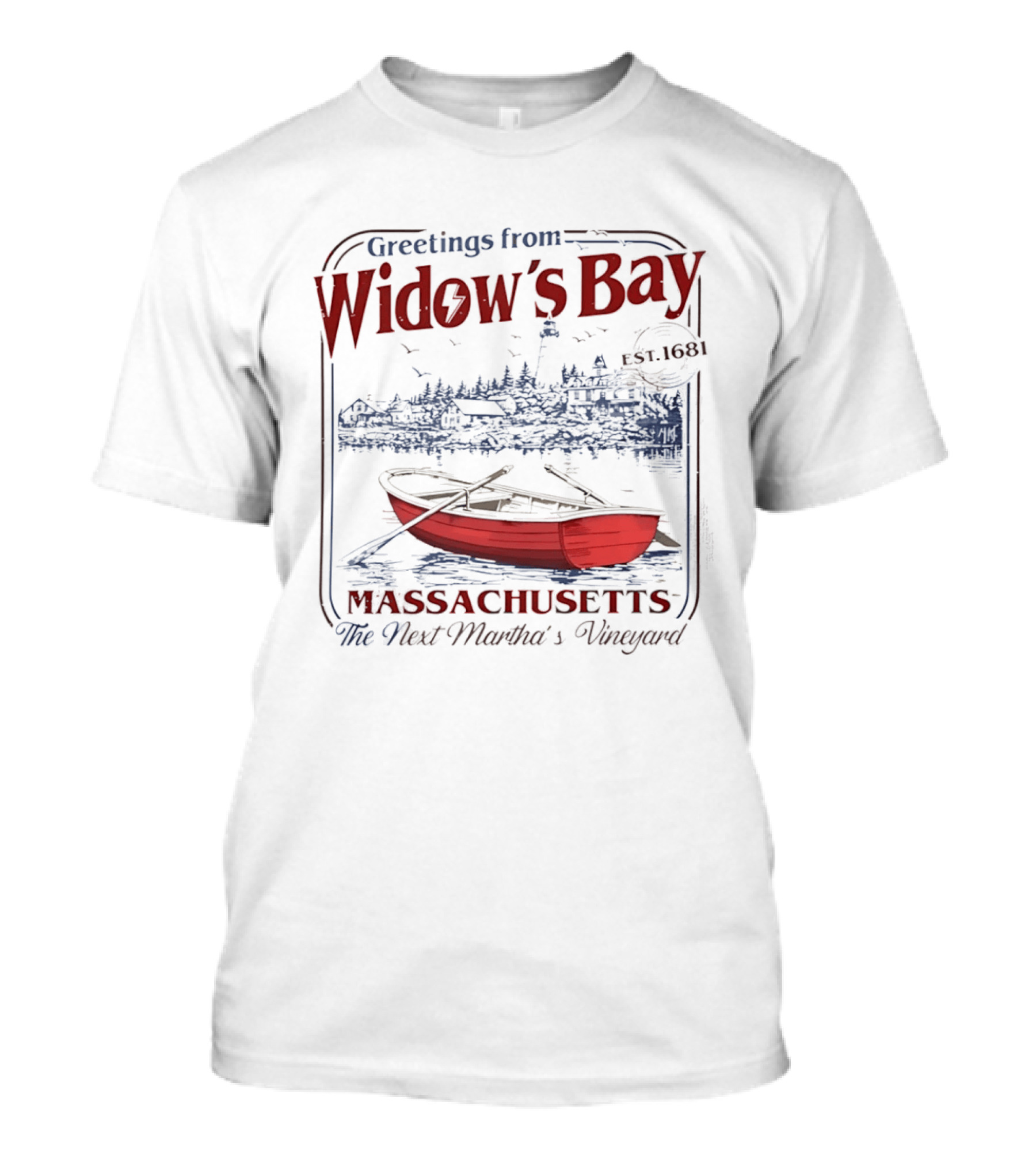 Greetings From Widow's Bay Massachusetts Est 1681 Martha's Vineyard Boat And Lighthouse T-Shirt