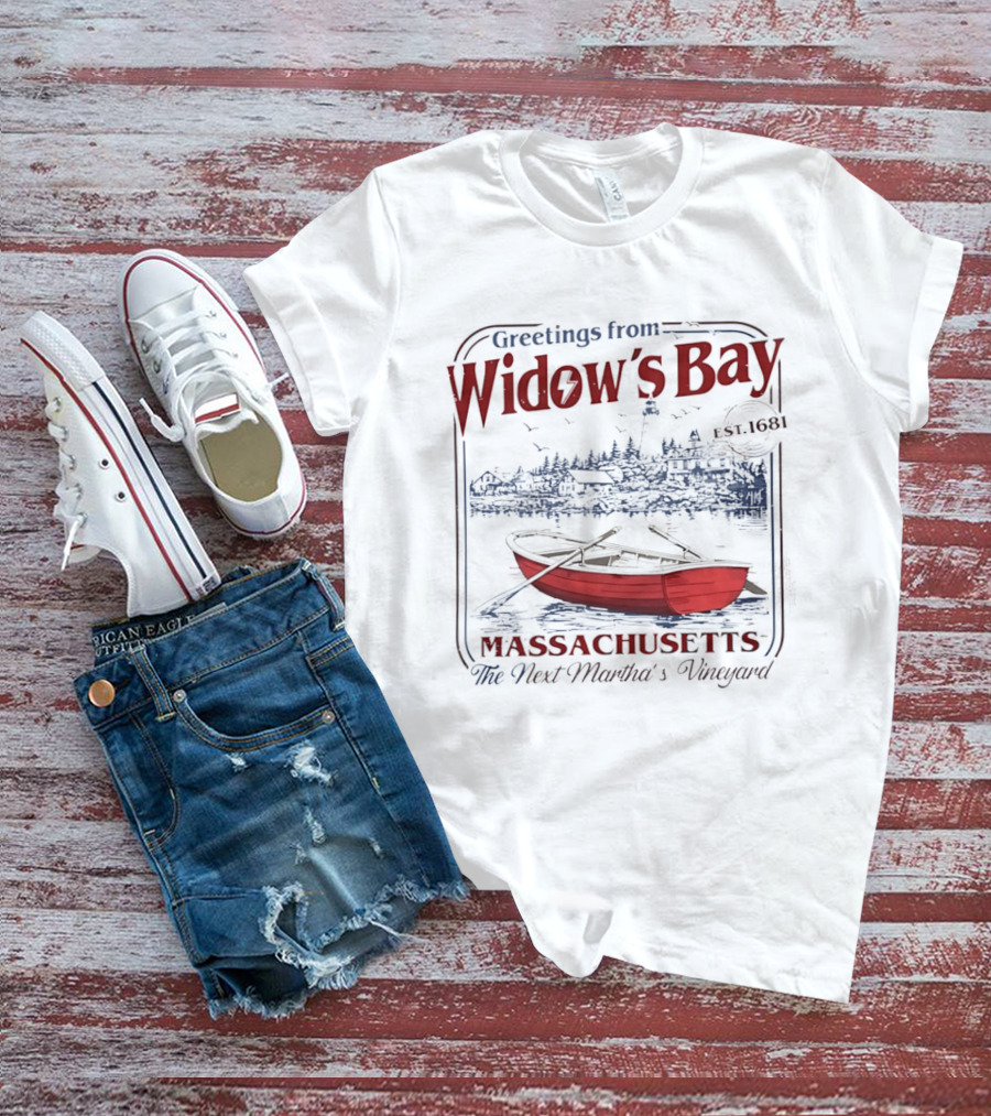 Greetings From Widow's Bay Massachusetts Est 1681 Martha's Vineyard Boat And Lighthouse T-Shirt