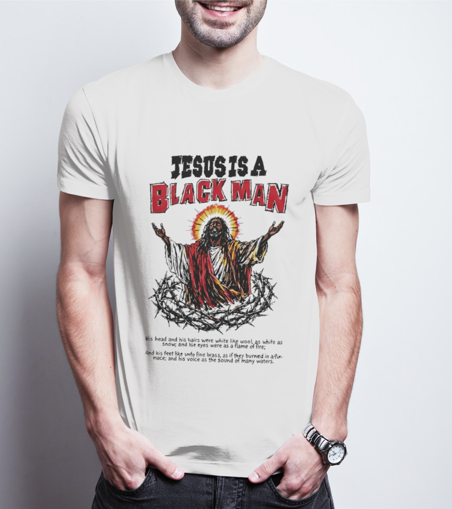 Jesus Is A Black Man Head And Hairs White Wool Snow Eyes Flame Fire T-Shirt
