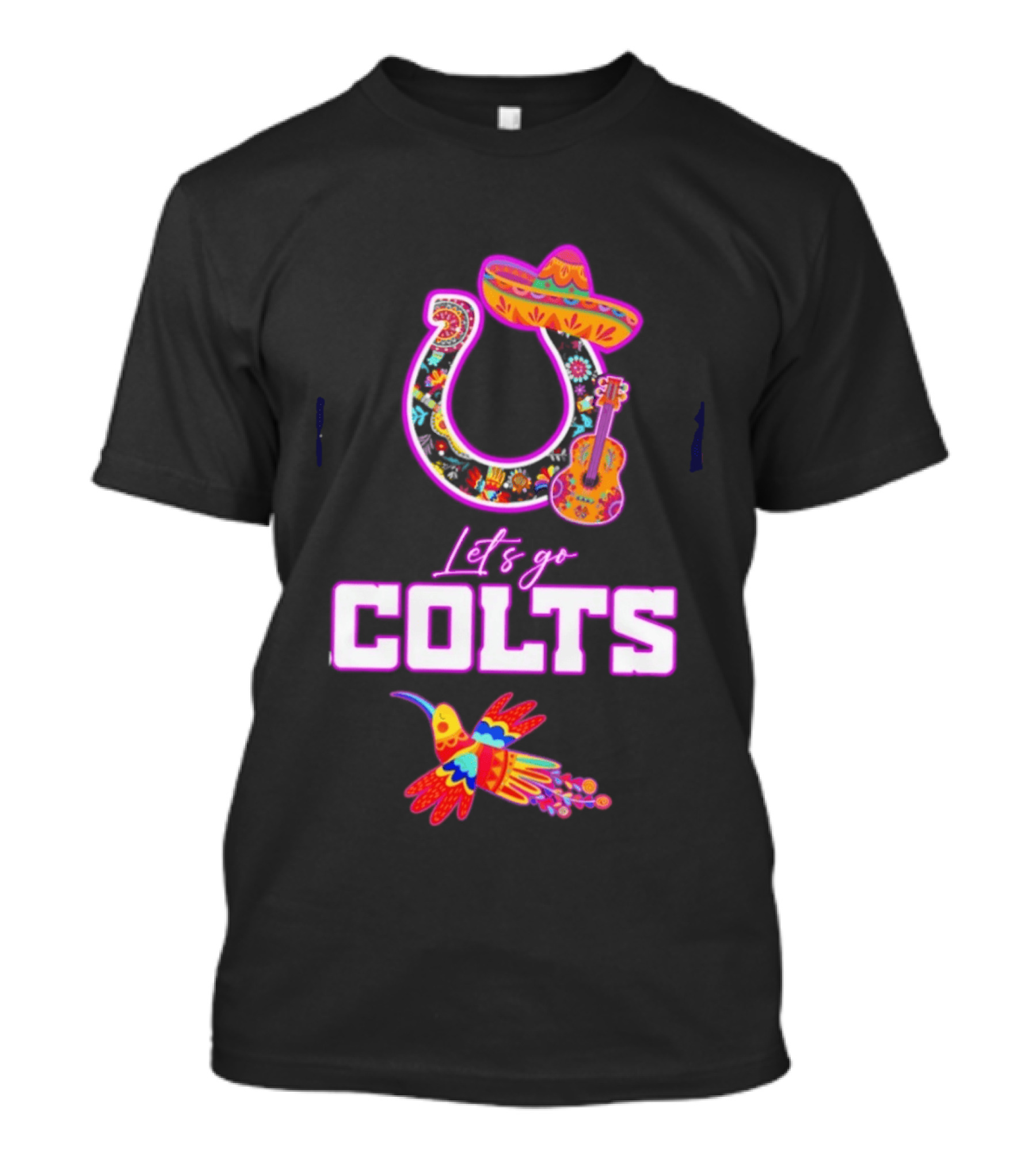 Indianapolis Colts Lets Go Colts Hispanic Heritage Fiesta Mexican Folk Art Sombrero Guitar Hummingbird T-Shirt