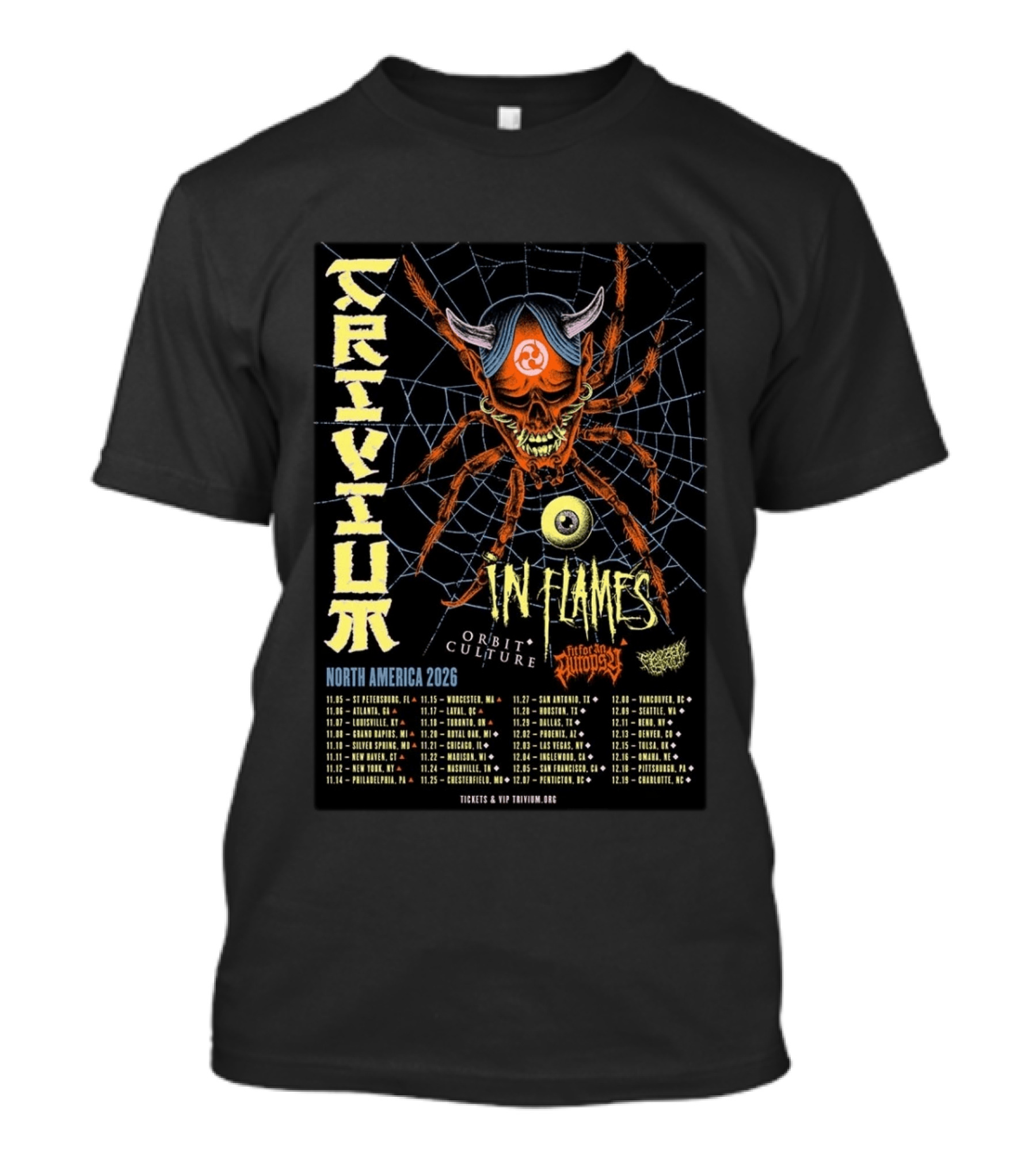 Trivium In Flames Orbit Culture North America 2026 Tour Dates And Cities With Spider T-Shirt