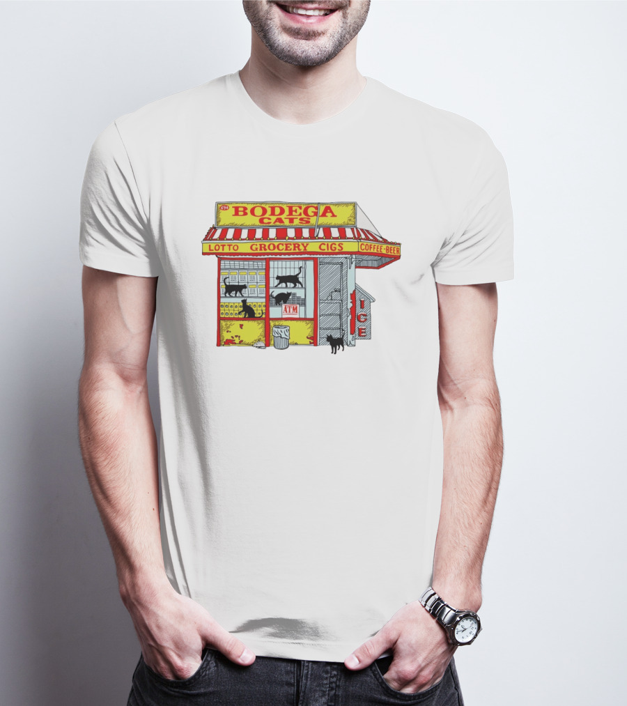 Bodega Cats Grocery Cigs Lotto Coffee Beer Ice ATM T-Shirt