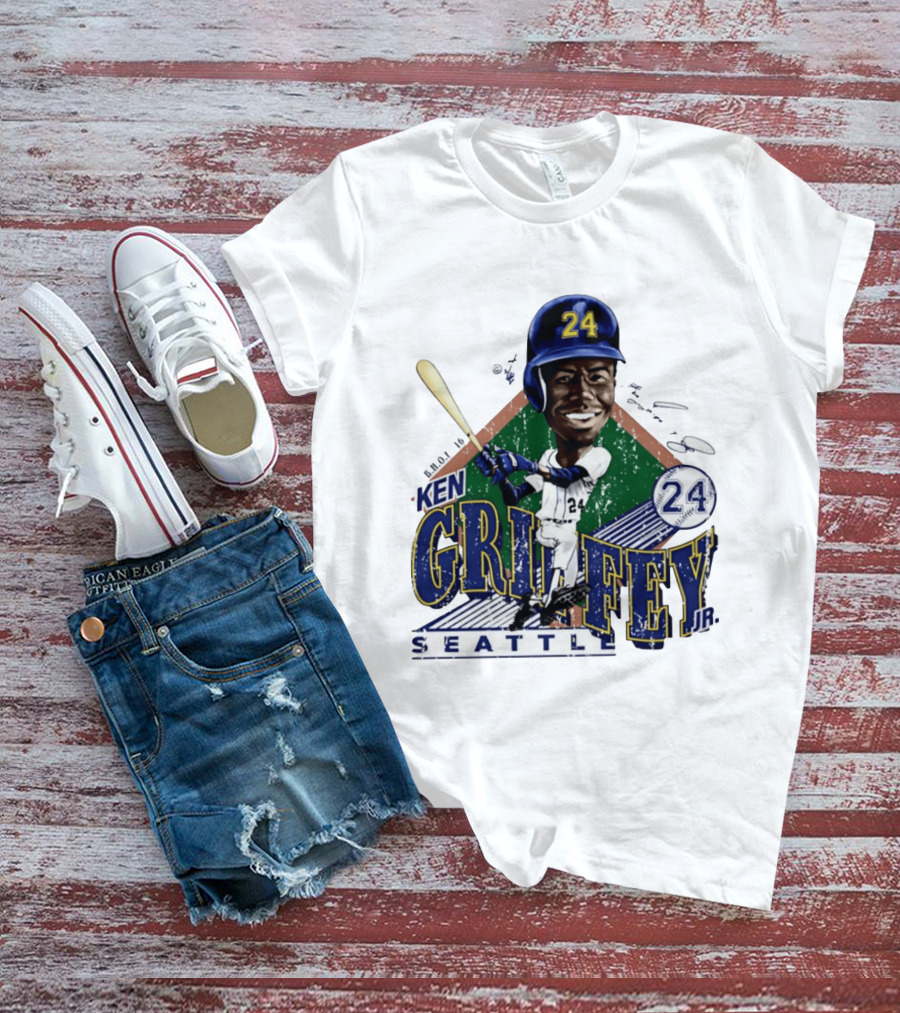 Ken Griffey Jr. Seattle Mariners 24 Baseball Batting Illustration Bruce Stark Collection T-Shirt