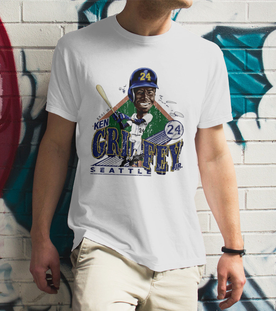 Ken Griffey Jr. Seattle Mariners 24 Baseball Batting Illustration Bruce Stark Collection T-Shirt