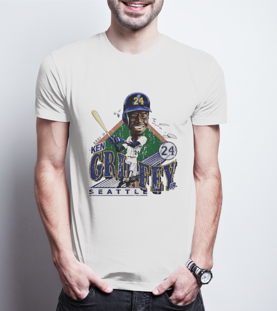 Ken Griffey Jr. Seattle Mariners 24 Baseball Batting Illustration Bruce Stark Collection T-Shirt