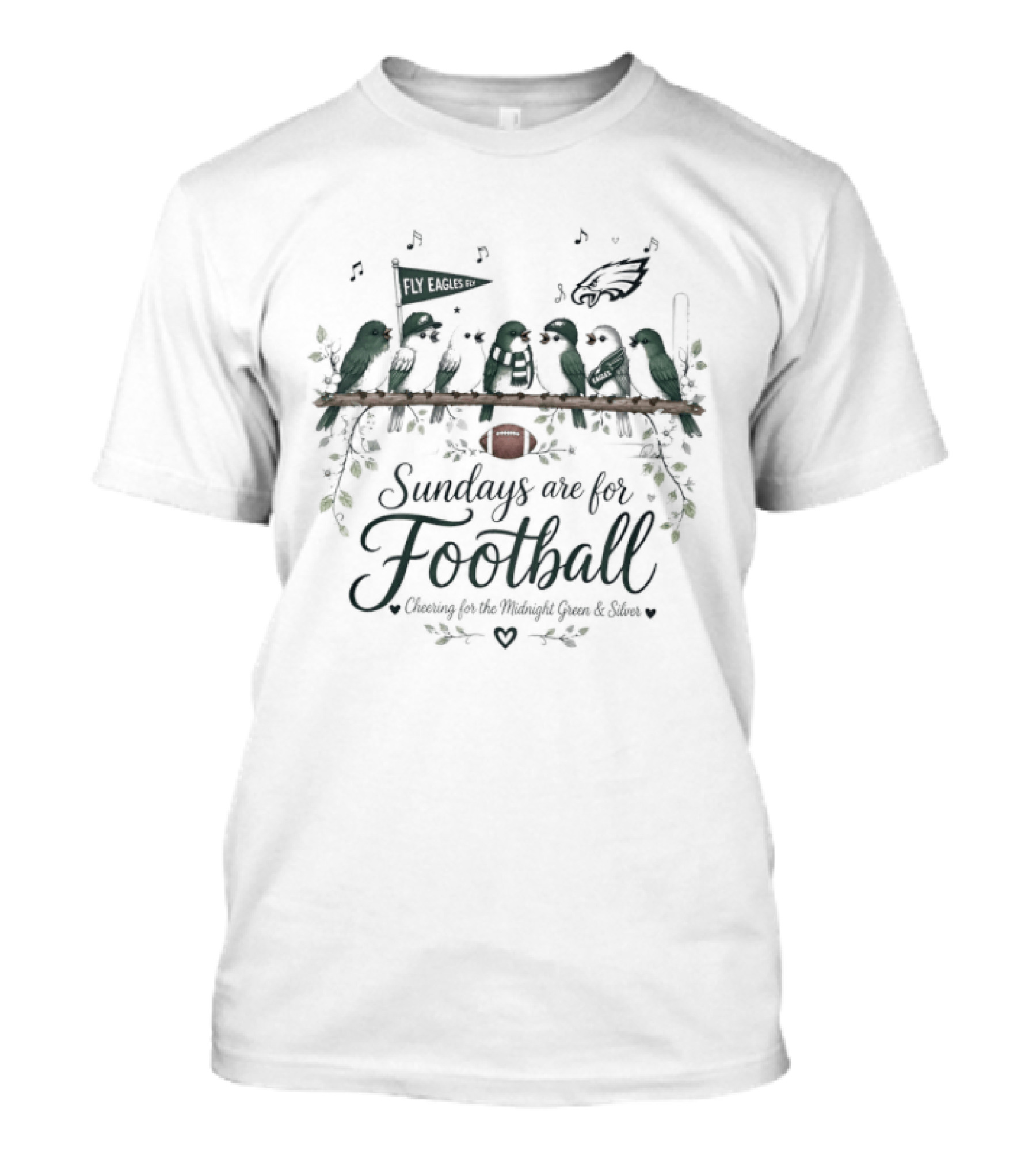 Philadelphia Eagles Sundays Are For Football Cheering Midnight Green Silver Birds T-Shirt