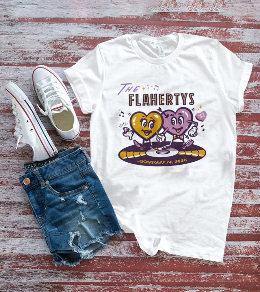 The Flahertys February 14 2026 Dancing Wedding Hearts With Music Notes T-Shirt