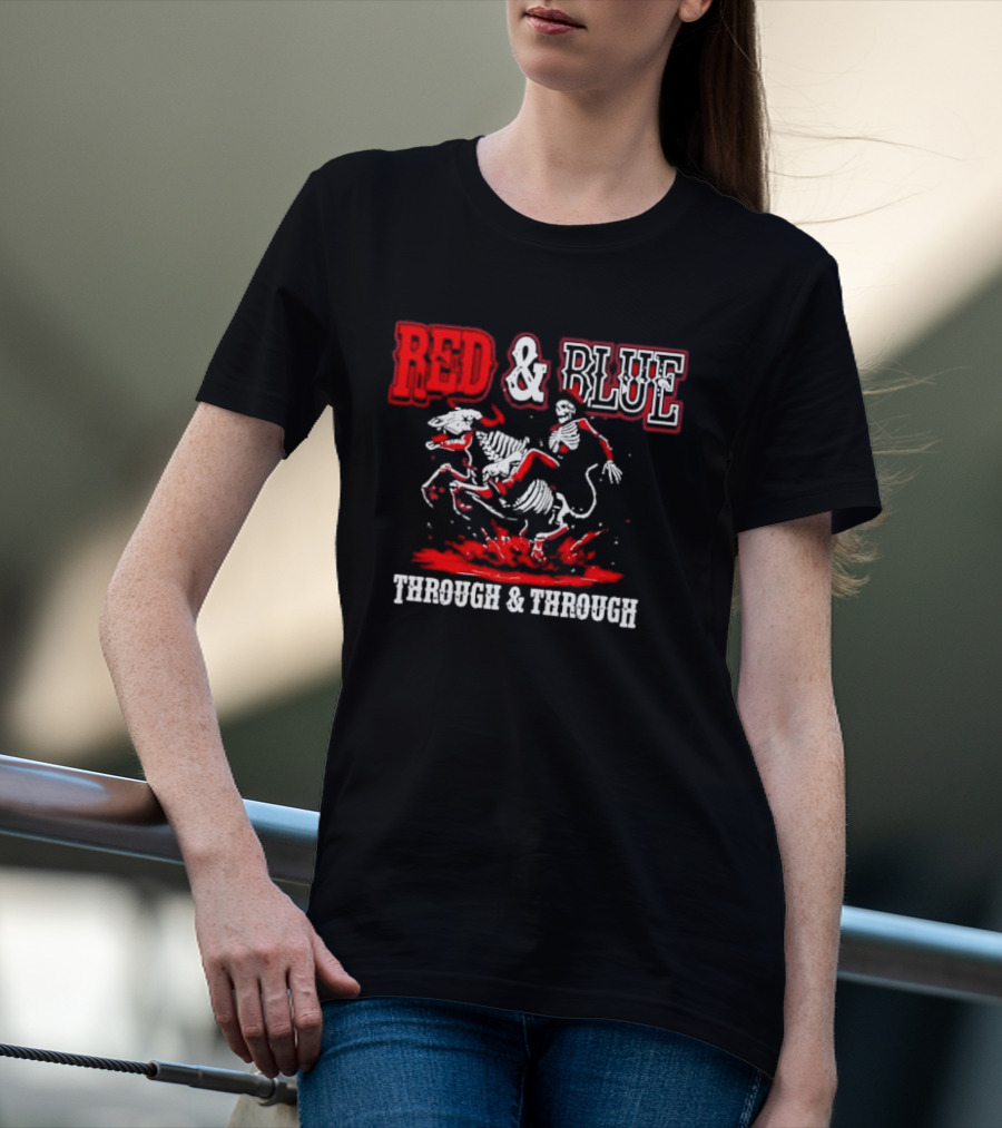 Red And Blue Through And Through Skeleton Cowboy Riding Horse T-Shirt
