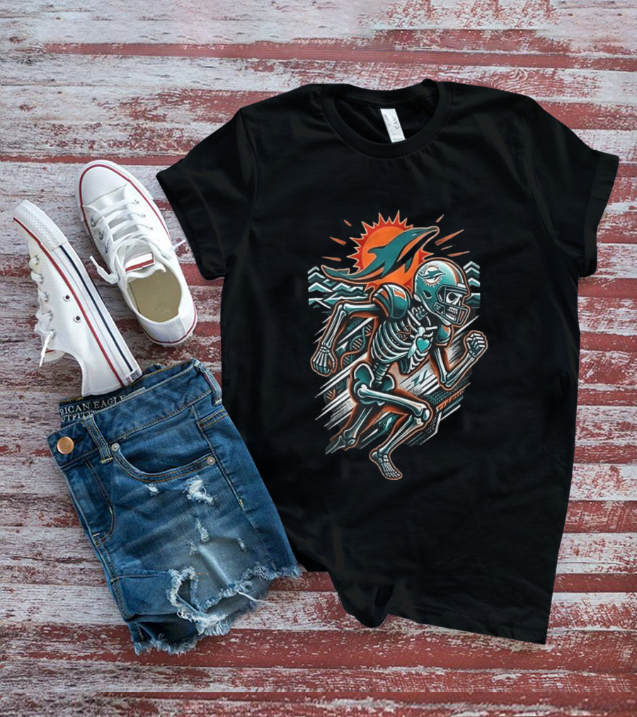 Miami Dolphins Runs In My Blood Skeleton Football Sprint T-Shirt