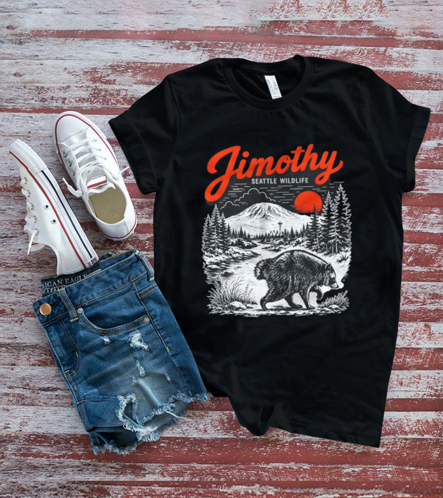 Jimothy Seattle Wildlife Raccoon With Mountain And Space Needle T-Shirt