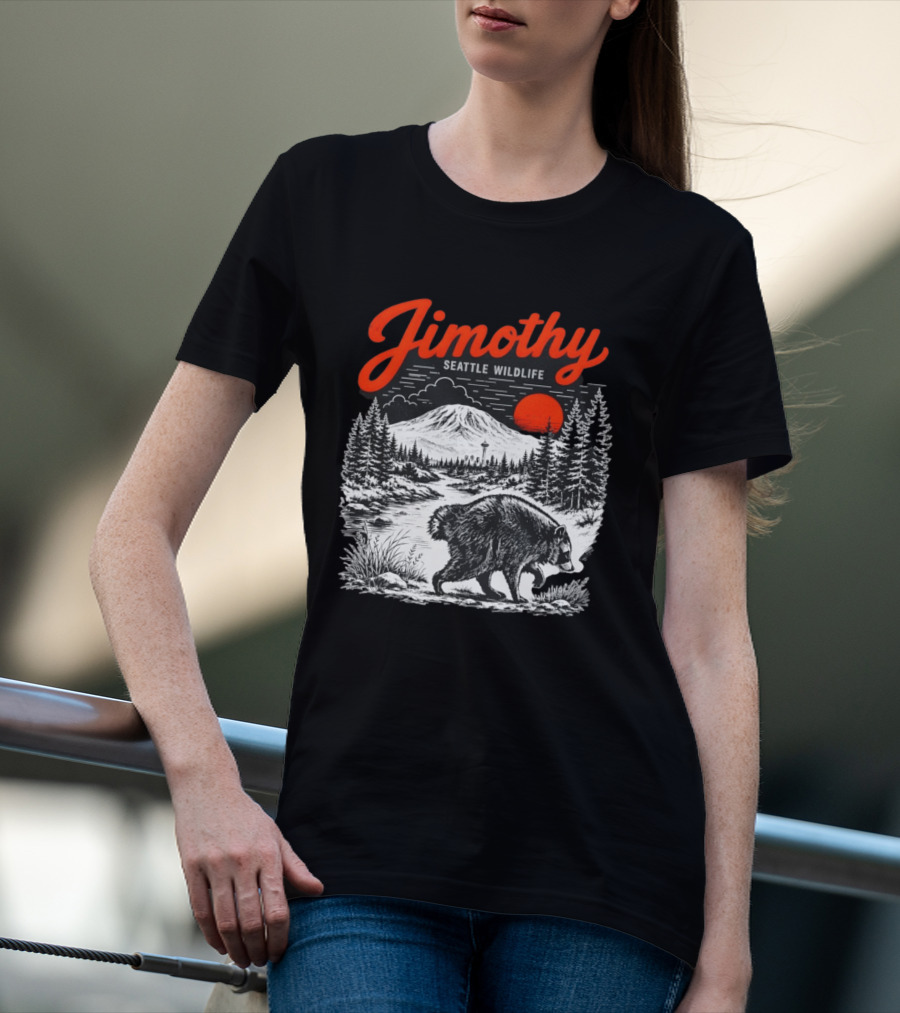 Jimothy Seattle Wildlife Raccoon With Mountain And Space Needle T-Shirt