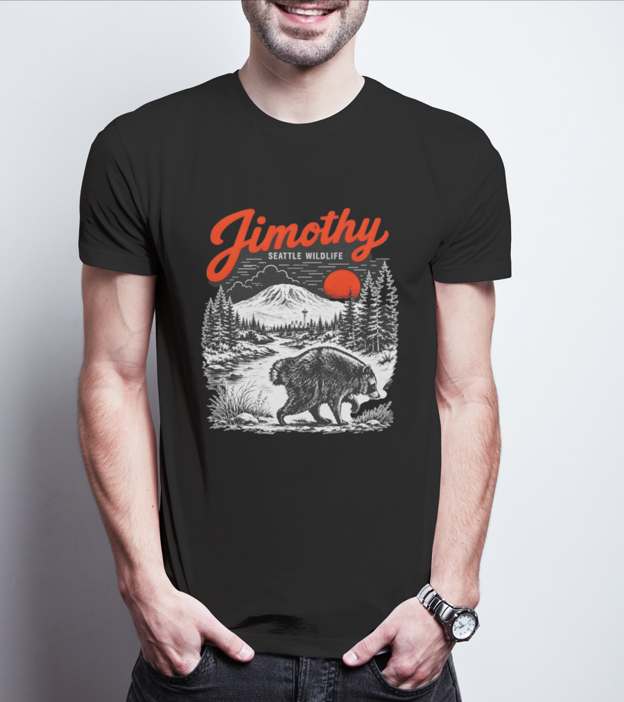 Jimothy Seattle Wildlife Raccoon With Mountain And Space Needle T-Shirt