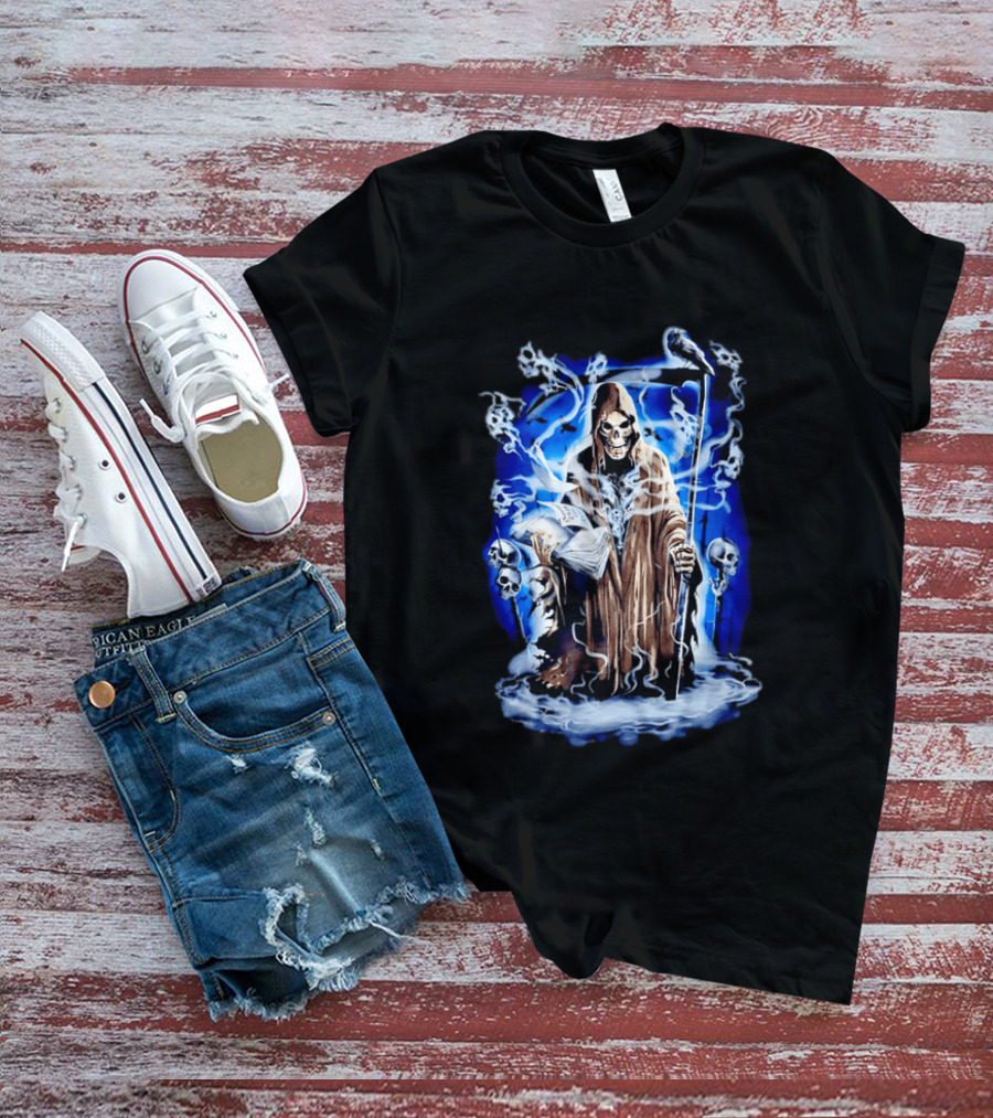 Sooner Than You Think Grim Reaper Skull And Scythe In Blue Mist T-Shirt
