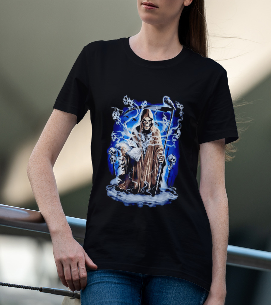 Sooner Than You Think Grim Reaper Skull And Scythe In Blue Mist T-Shirt