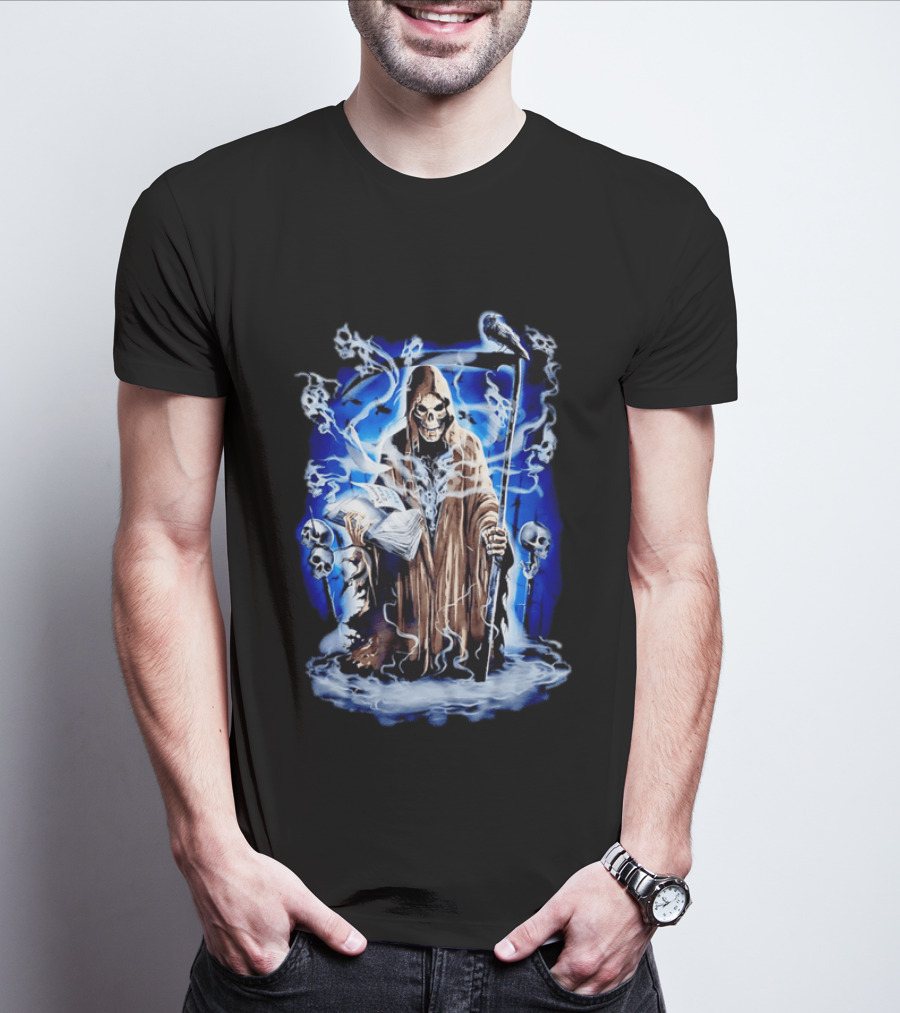 Sooner Than You Think Grim Reaper Skull And Scythe In Blue Mist T-Shirt