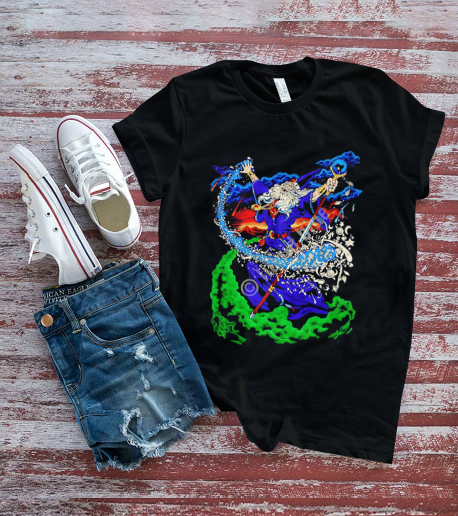 Wizard Casting Magic Conjuring Galaxies Fantasy Aurora Sky T-Shirt