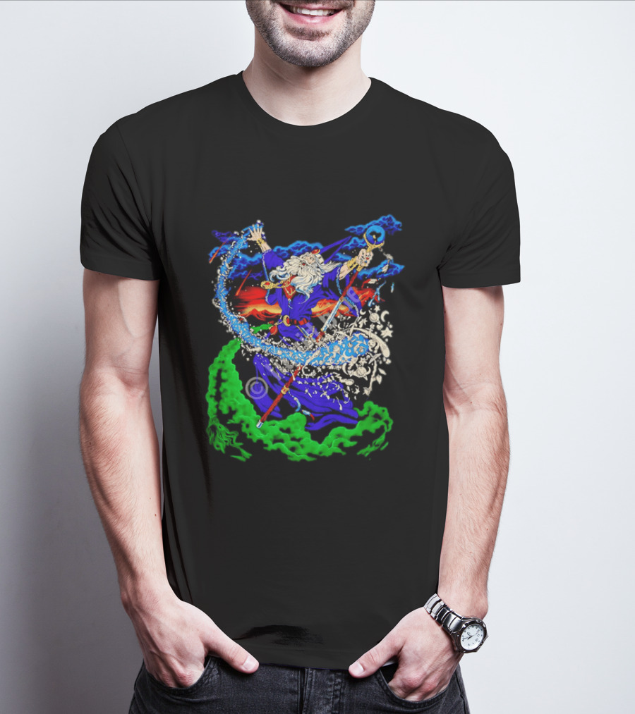 Wizard Casting Magic Conjuring Galaxies Fantasy Aurora Sky T-Shirt